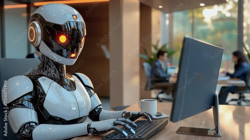 Robot at a computer in an office. A humanoid robot working at a computer in a modern office, showcasing artificial intelligence and automation technologies. Robot at a computer in an office. A humanoid robot working at a computer in a modern office, showcasing artificial intelligence and automation technologies.