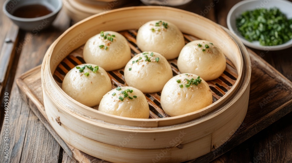 Steamed buns in a bamboo steamer a delicious asian treat Steamed buns in a bamboo steamer a delicious asian treat