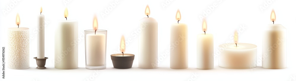 Collection of various lit candles of different sizes and shapes on white background. Collection of various lit candles of different sizes and shapes on white background.