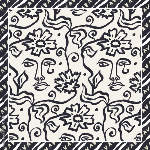 Monochrome black and white brush strokes inky flowers and female faces scarf or bandana design. Abstract floral contemporary background.