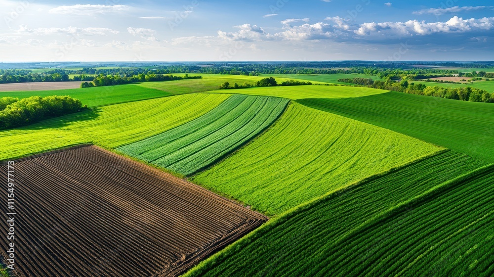 Obraz premium Degraded Soil Concept, Aerial View of Lush Green Farmland with Patterns and Erosion Control Strategies in Agricultural Landscape