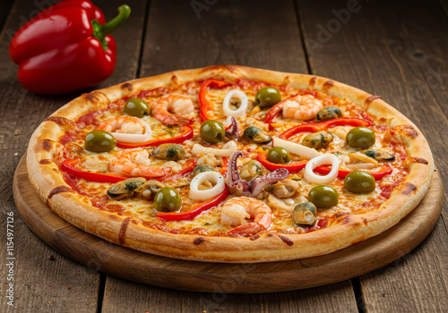 Deliciois pizza with seafood on wood table photo