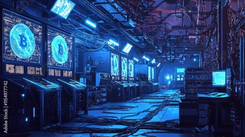 A futuristic cryptocurrency mining facility filled with glowing blue Bitcoin logos on screens, showcasing high-tech equipment and intricate wiring. AI generated. photo