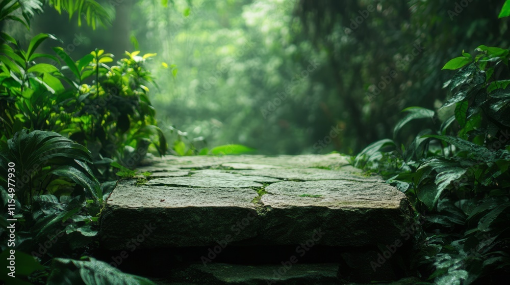 Rustic stone tabletop in a lush outdoor garden, framed by blurred tropical leaves Rustic stone tabletop in a lush outdoor garden, framed by blurred tropical leaves