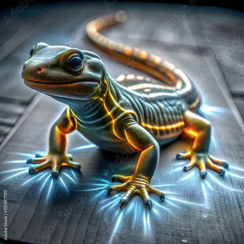 A lizard with glowing yellow lines on its body.