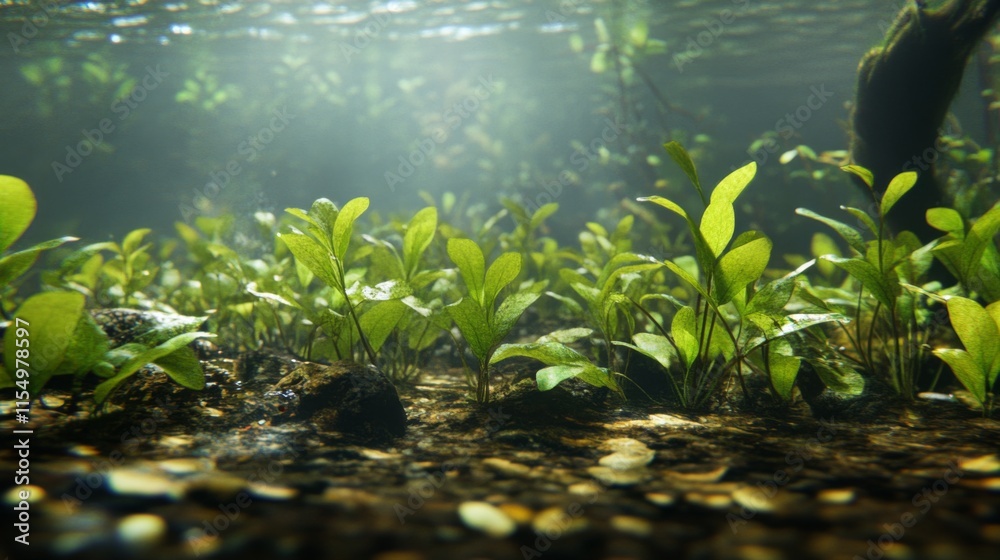 Naklejka premium Vibrant Underwater Plants in Soft Light Setting