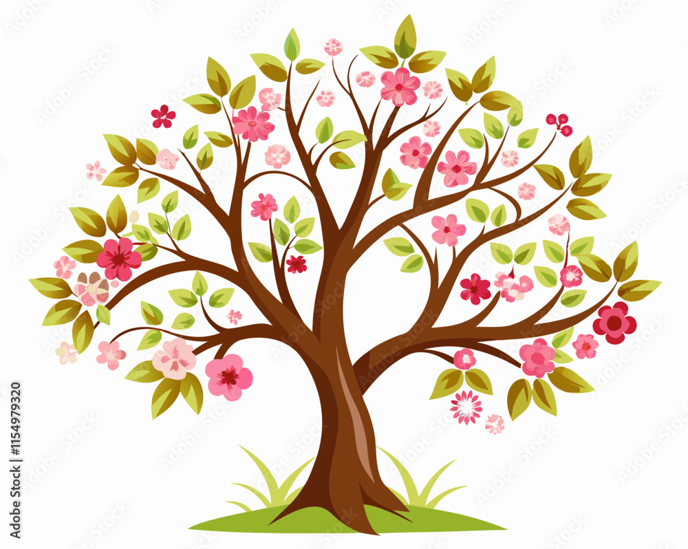 Obraz premium Beautiful Floral Tree Illustration – Blooming Tree with Pink Flowers and Green Leaves.