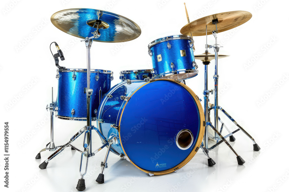A vibrant blue drum set with cymbals, designed for musical performance and creativity. isolated on white background A vibrant blue drum set with cymbals, designed for musical performance and creativity. isolated on white background