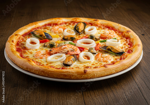 Deliciois pizza with seafood on wood table photo