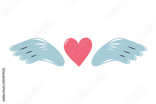 Pink heart with angel wings. Valentine's day element for design on white background. Isolated vector illustration.