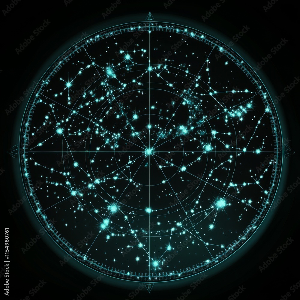 Celestial chart showing constellations and stars. Celestial chart showing constellations and stars.