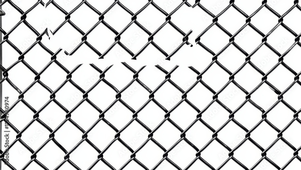 Naklejka premium Damaged chain link fence with missing section.