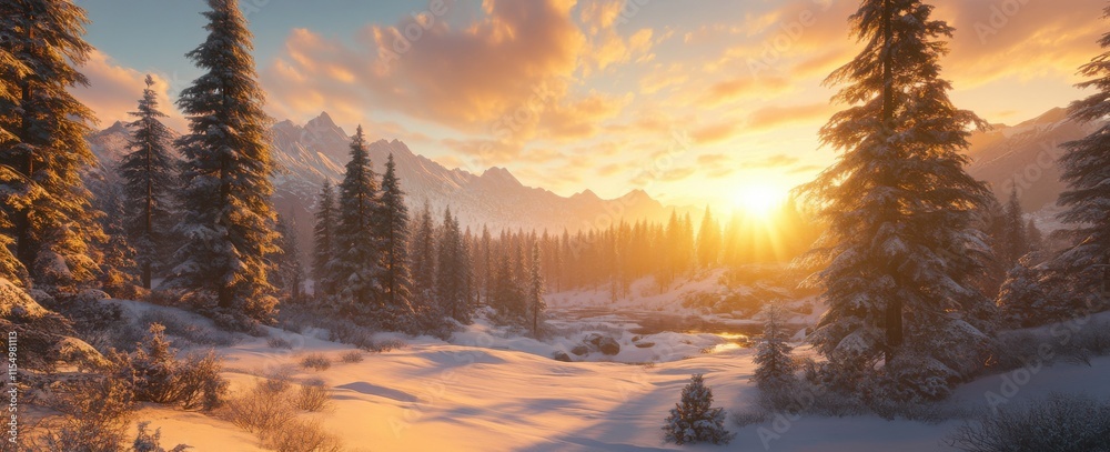 Majestic Winter Sunrise Over Snowy Mountains and Evergreen Forests with Soft Golden Light and Dramatic Cloudscape in a Serene Natural Landscape Majestic Winter Sunrise Over Snowy Mountains and Evergreen Forests with Soft Golden Light and Dramatic Cloudscape in a Serene Natural Landscape