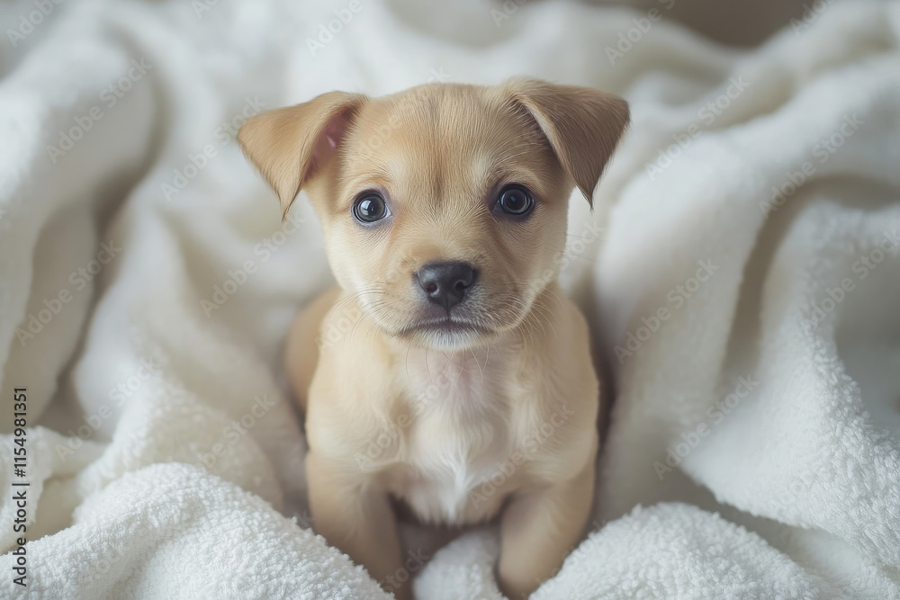 A cute puppy sitting on a soft blanket, exuding innocence and charm.