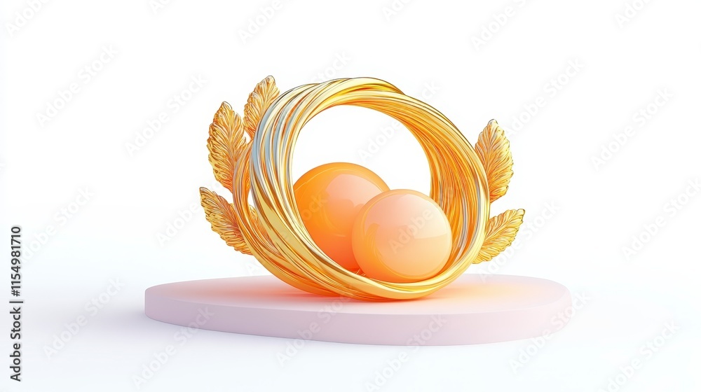 Obraz premium A decorative nest with two orange eggs, surrounded by golden leaves, resting on a soft pink surface.