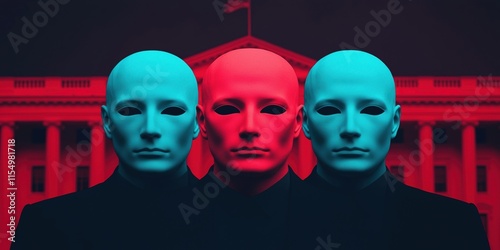 political crisis legislation concept. Three faceless figures in vibrant colors against a backdrop.