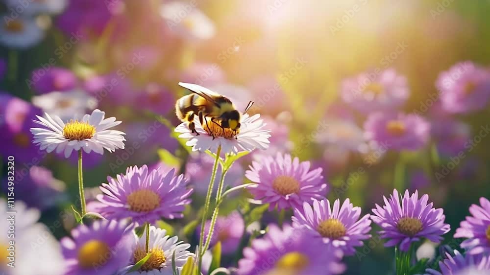 A serene image of a bumblebee collecting nectar in a field of blooming purple wildflowers, illuminated by golden summer light A serene image of a bumblebee collecting nectar in a field of blooming purple wildflowers, illuminated by golden summer light