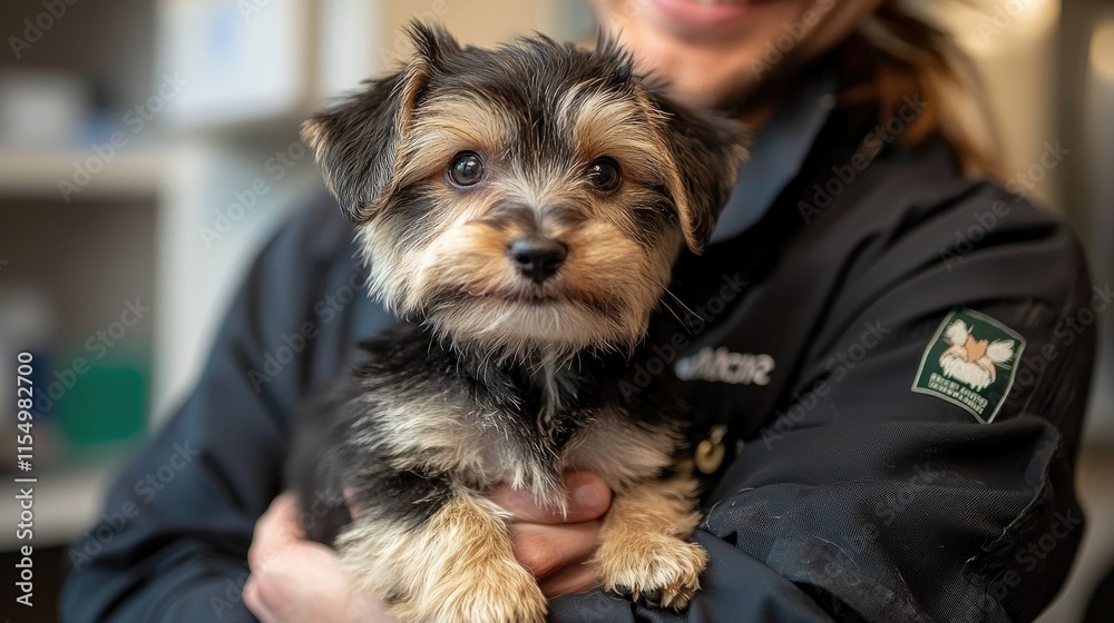 A person holds a small, fluffy dog, showcasing a moment of care and affection. A person holds a small, fluffy dog, showcasing a moment of care and affection.