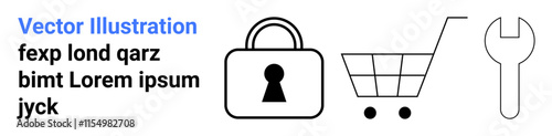 Vector icons include a lock, shopping cart, wrench, and placeholder text. Ideal for concepts of online security, e-commerce, web maintenance, privacy shopping tools protection. Landing page