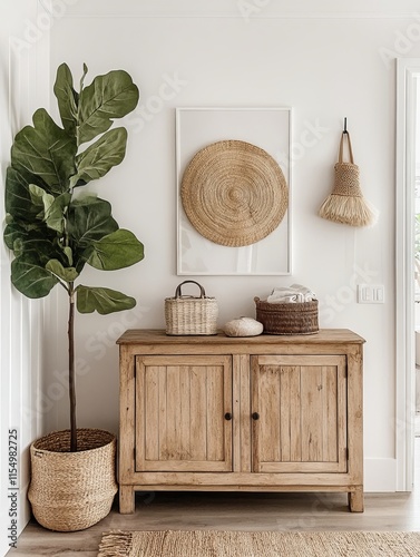 Modern minimalist home decor featuring a wooden cabinet and fiddle leaf fig