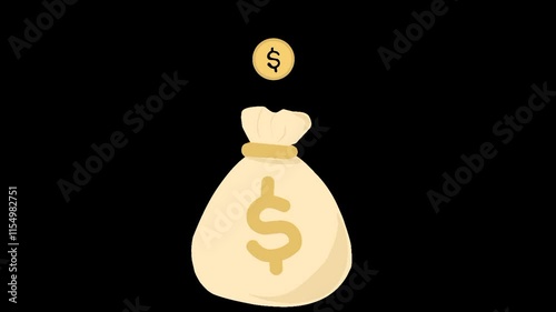 Animation of money falling into money sack with black screen