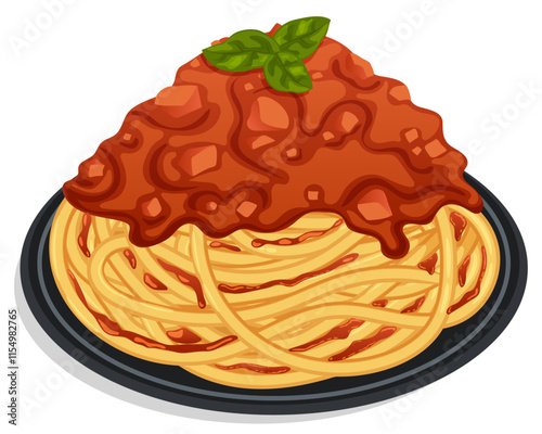 Spaghetti with Tomato Sauce and Basil Leaves on Top. Pasta Al Pomodoro - Traditional Italian Dish Isolated Graphic Art