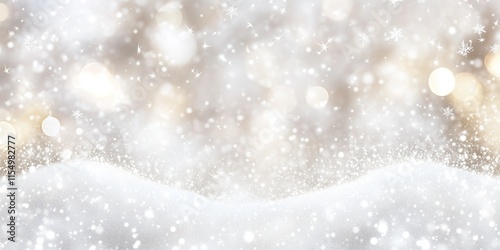 Frosty snow with glowing white bokeh lights.