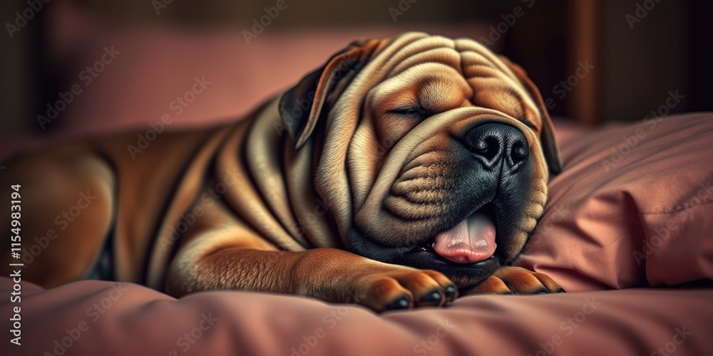 Obraz premium A dog is yawning while lying on a soft bed, showing its relaxed demeanor in a cozy indoor environment on a peaceful afternoon