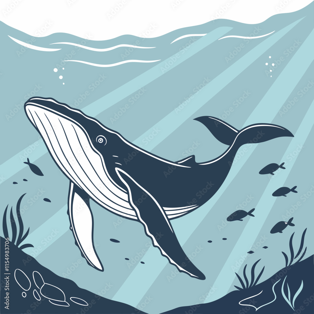 Fototapeta premium A stunning vector illustration of a humpback whale gracefully swimming in the deep sea, showcasing its majestic movement and the serene ocean environment.