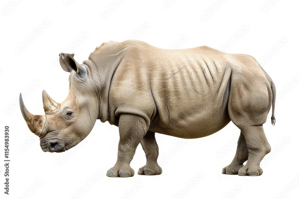 Fototapeta premium A realistic depiction of a rhinoceros standing in profile against a white background.