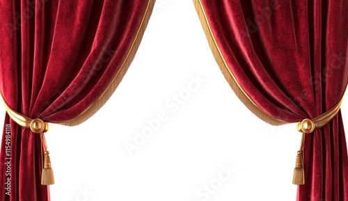 Red velvet curtains pulled back to reveal a white background. (1)