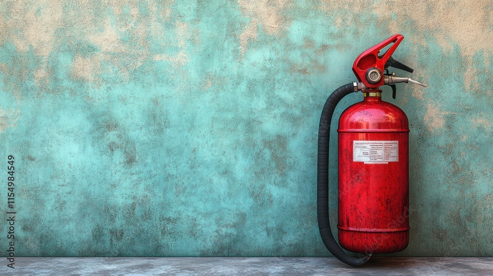 Red fire extinguisher against a textured wall. Red fire extinguisher against a textured wall.