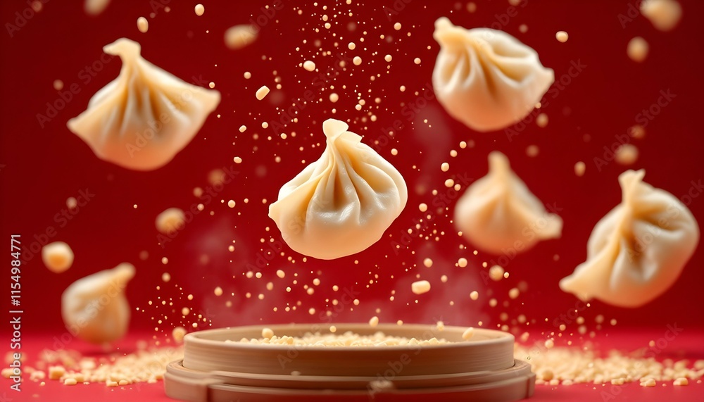 Dumplings soaring through the air against a vibrant red background, showcasing the essence of Chinese cuisine Dumplings soaring through the air against a vibrant red background, showcasing the essence of Chinese cuisine