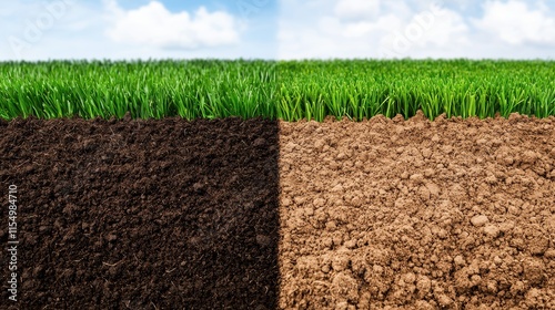 Degraded Soil Concept, Visual Comparison of Land Restoration Efforts Before and After Soil Improvement in a Green Landscape photo