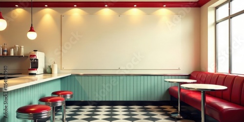 Retro Diner Interior with Blank Sign for Advertisement and Menu