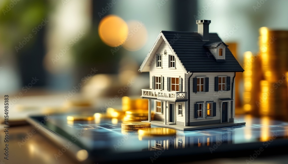 A tablet showcasing a house model and coins, representing the convergence of real estate and finance in digital investments A tablet showcasing a house model and coins, representing the convergence of real estate and finance in digital investments