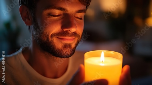 Man enjoying candlelight, relaxed and peaceful.
