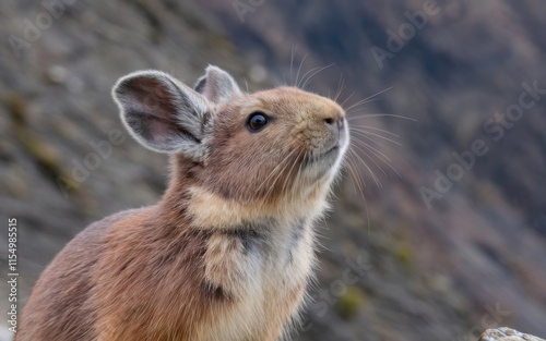  A rare Ili pika standing on a rock in a serene mountain environment, with rocks and greenery surrounding it photo