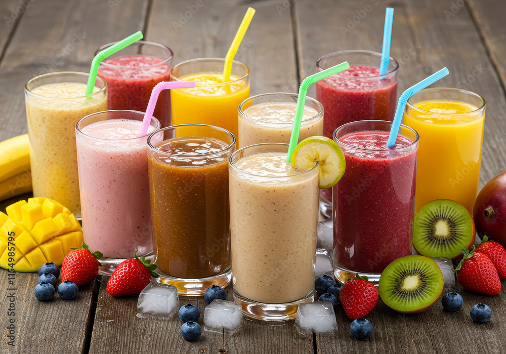 Vibrant Row of Colorful Smoothies – A Refreshing Display Baclground Vibrant Row of Colorful Smoothies – A Refreshing Display Baclground