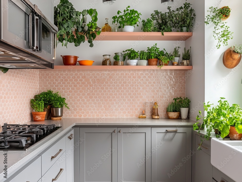 Fototapeta premium Modern Kitchen With Abundant Greenery And Grey Cabinets