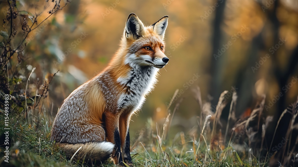Fototapeta premium Red Fox in Autumn Forest. Wildlife, Nature, Animal