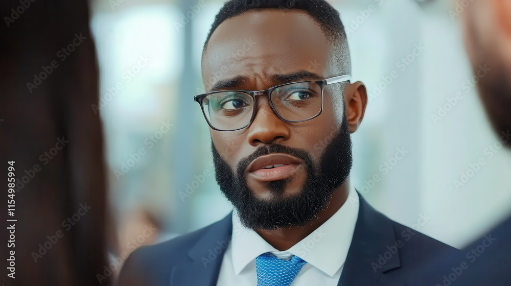 Fototapeta premium A man in a suit with glasses looks thoughtfully during a conversation.