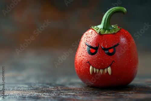Tomato with a face and green leaf, whimsical and vibrant, creating a playful and colorful visual concept.