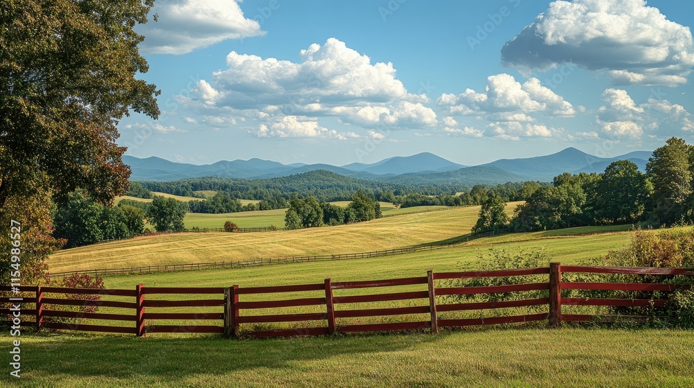 Obraz premium Scenic Mountain Landscape with Lush Green Fields and Blue Sky