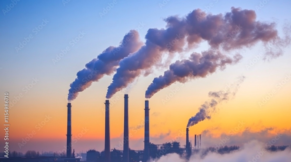 Pollution from Factories in an Industrial Area at Sunset Pollution from Factories in an Industrial Area at Sunset