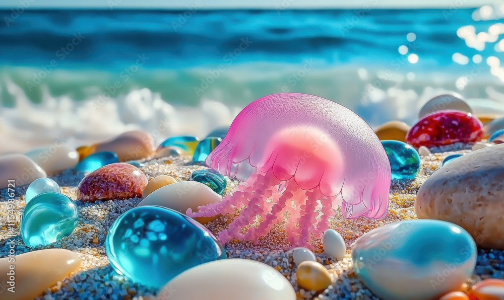 There are many colorful stones on the beach by the sea There are many colorful stones on the beach by the sea
