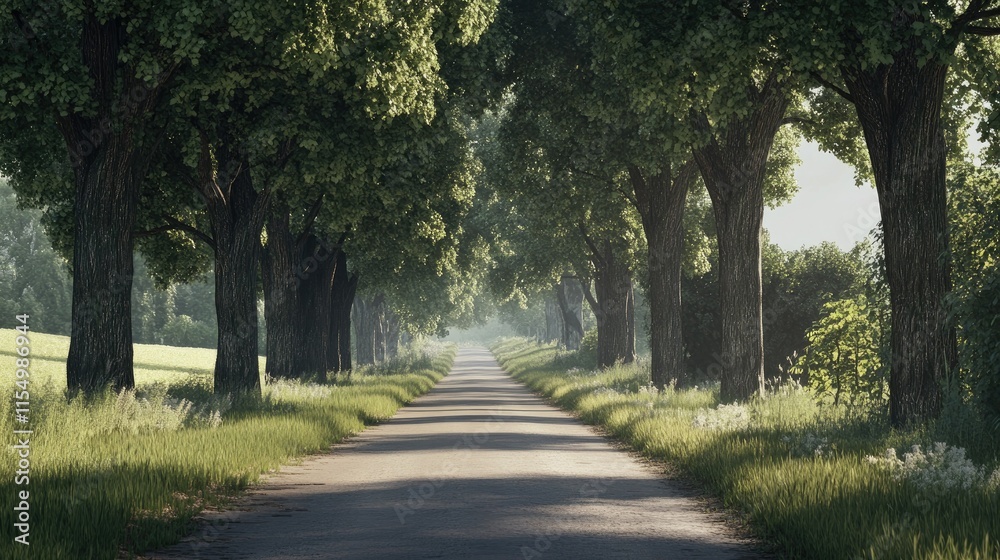 Peaceful Country Road Surrounded by Lush Green Trees and Nature Peaceful Country Road Surrounded by Lush Green Trees and Nature
