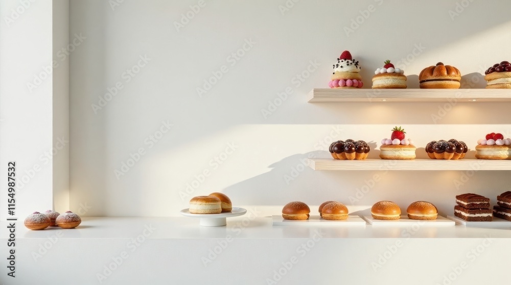 Naklejka premium A sunlit display of delectable pastries and breads arranged on pristine white shelves and a counter