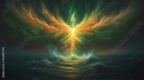 Cosmic phoenix rising from ocean. photo