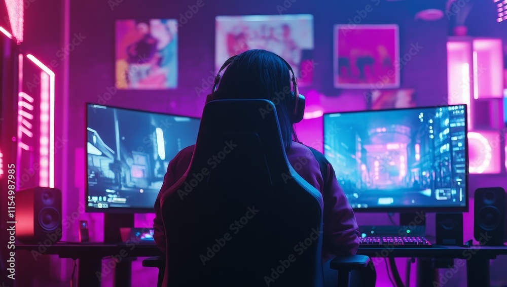 Woman gamer playing video games on two monitors in a vibrant room. Woman gamer playing video games on two monitors in a vibrant room.